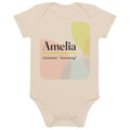 Amelia name bodysuit, organic natural · Germanic, “unceasing”, organic natural, front