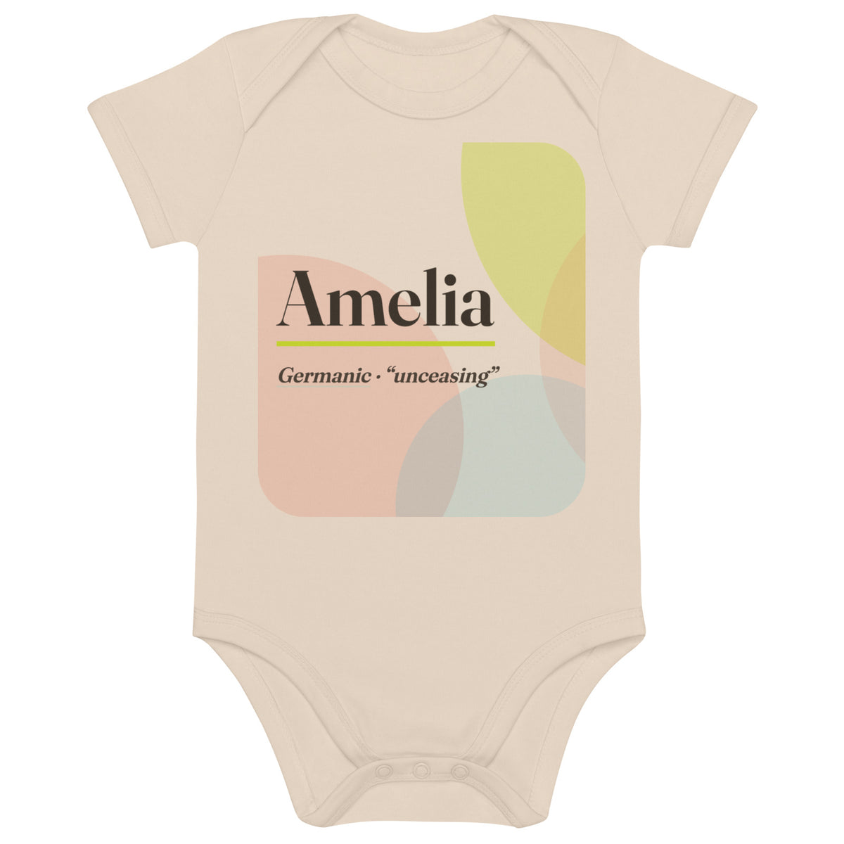 Amelia name bodysuit, organic natural · Germanic, “unceasing”, organic natural, front