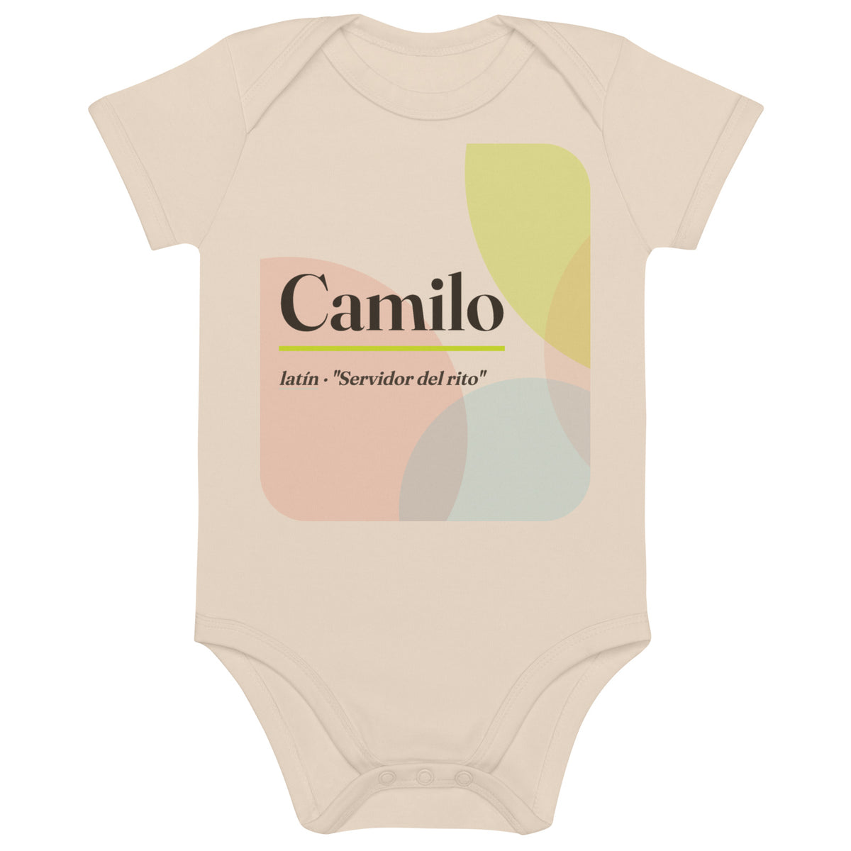 Body de bebé con el nombre Camilo, algodón orgánico natural · latín, "Servidor del rito", natural orgánico, frente