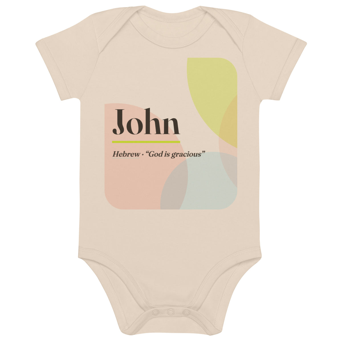 John name bodysuit, organic natural · Hebrew, “God is gracious”, organic natural, front