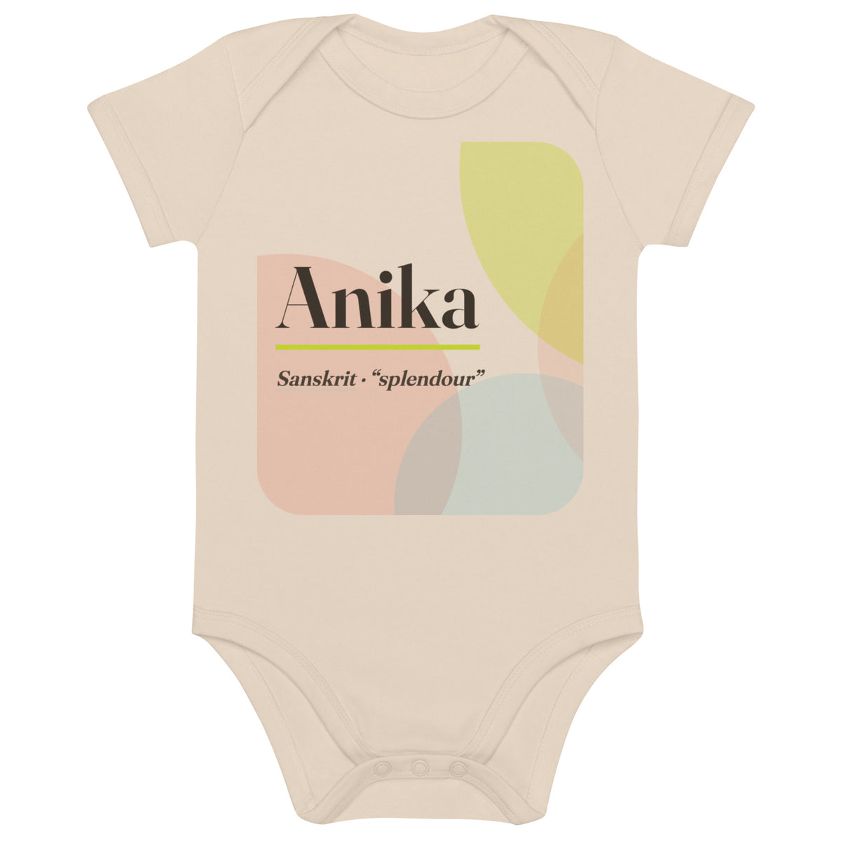 Anika name bodysuit, organic natural · Sanskrit, “splendour”, organic natural, front