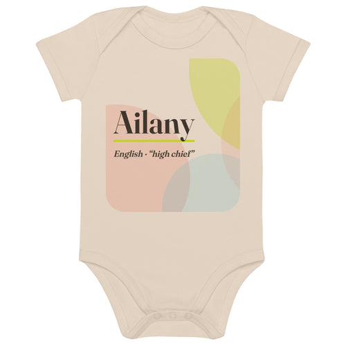 Ailany name bodysuit, organic natural · English, “high chief”, organic natural, front