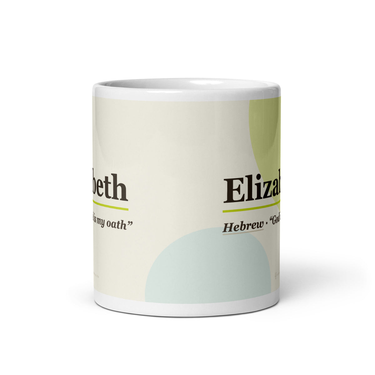 Elizabeth name mug · Hebrew, “God is my oath”, white, front view