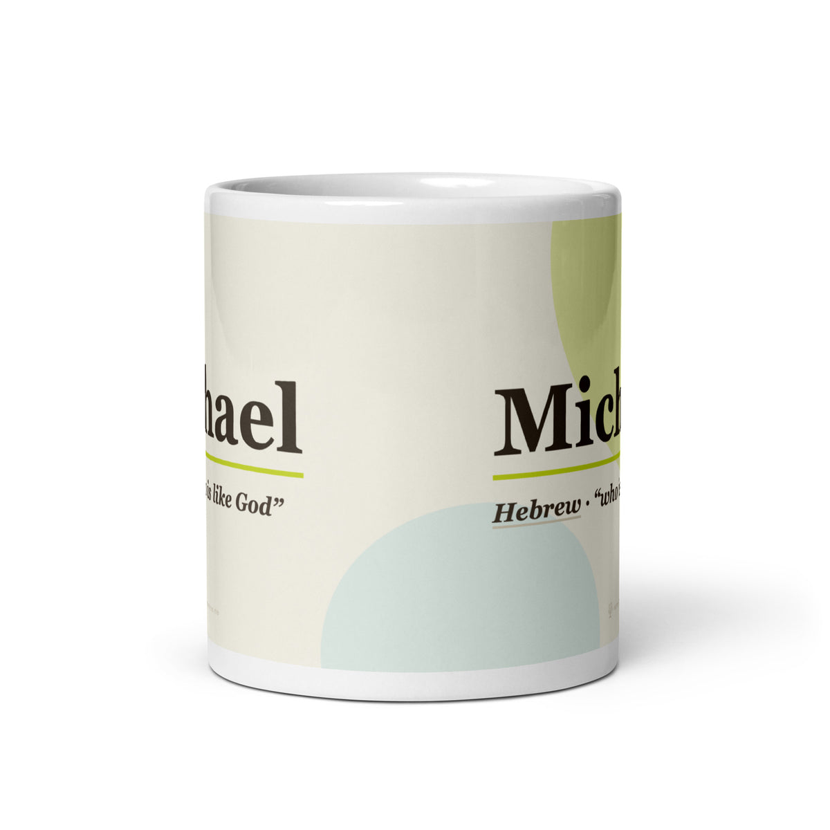 Michael name mug · Hebrew, “who is like God”, white, front view
