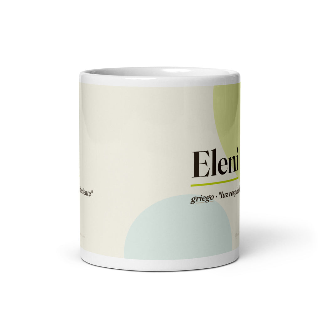 Taza con el nombre Eleni · griego, "luz resplandeciente", blanco, vista frontal