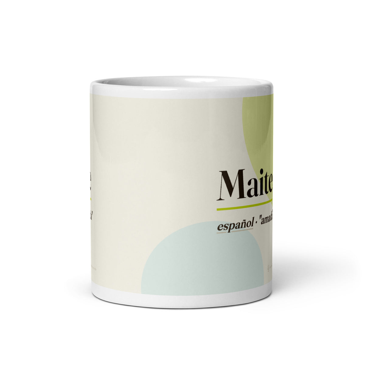 Taza con el nombre Maite · español, "amada", blanco, vista frontal