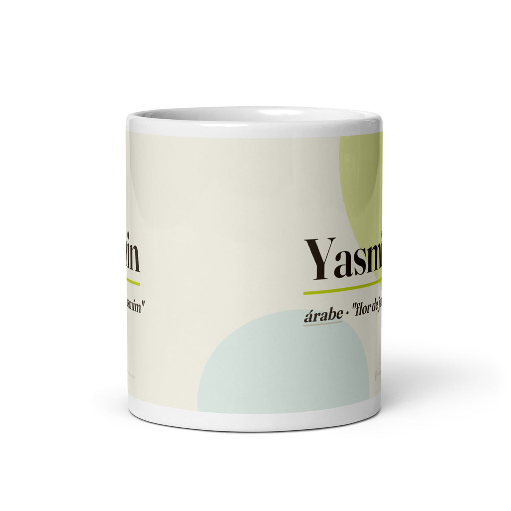 Caneca com o nome Yasmin · árabe, "flor de jasmim", branco, vista frontal