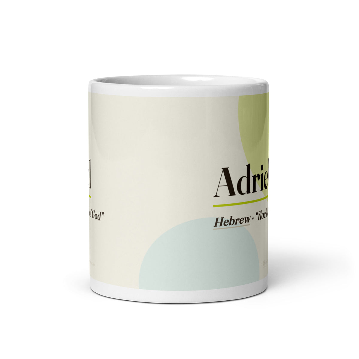 Adriel name mug · Hebrew, “flock of God”, white, front view