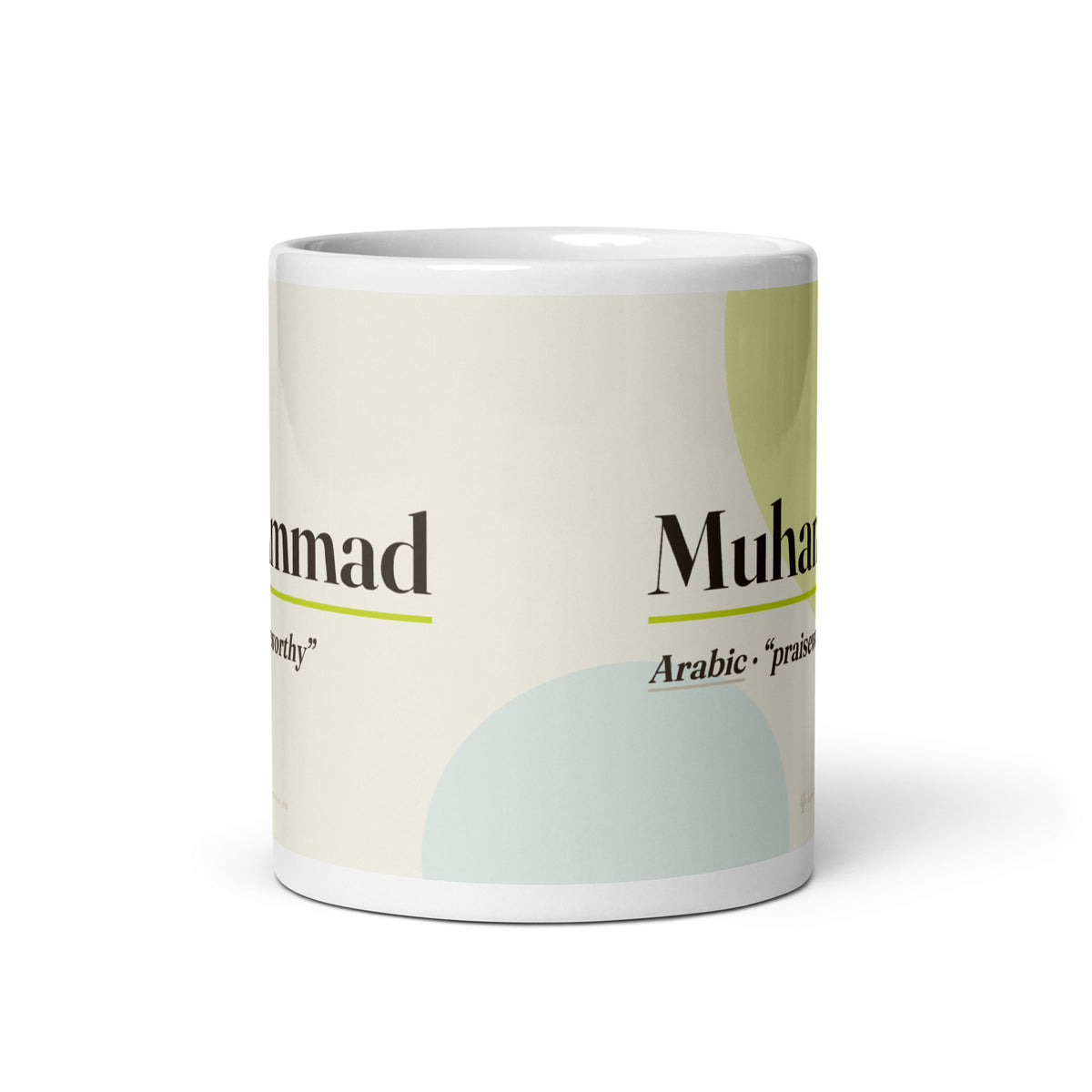 Muhammad name mug · Arabic, “praiseworthy”, white, front view