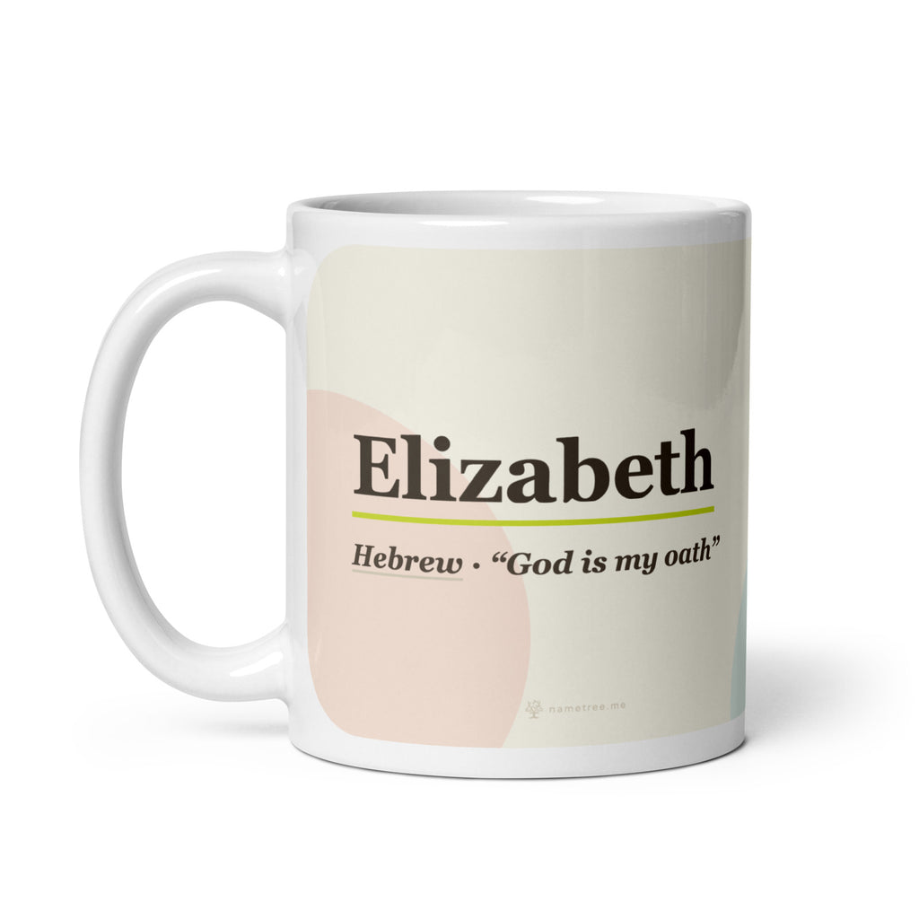 Elizabeth name mug · Hebrew, “God is my oath”, white, handle on left