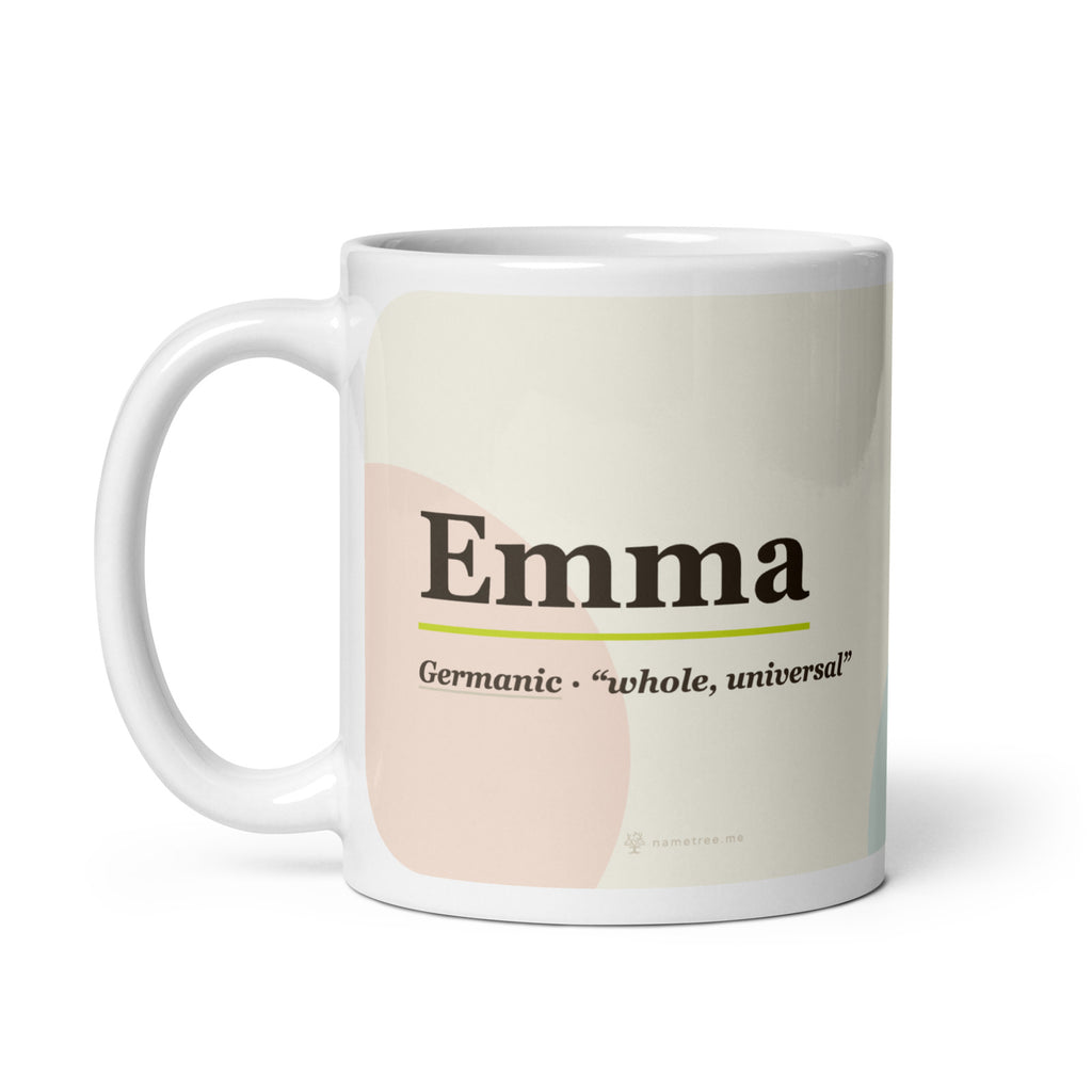 Emma name mug · Germanic, “whole, universal”, white, handle on left
