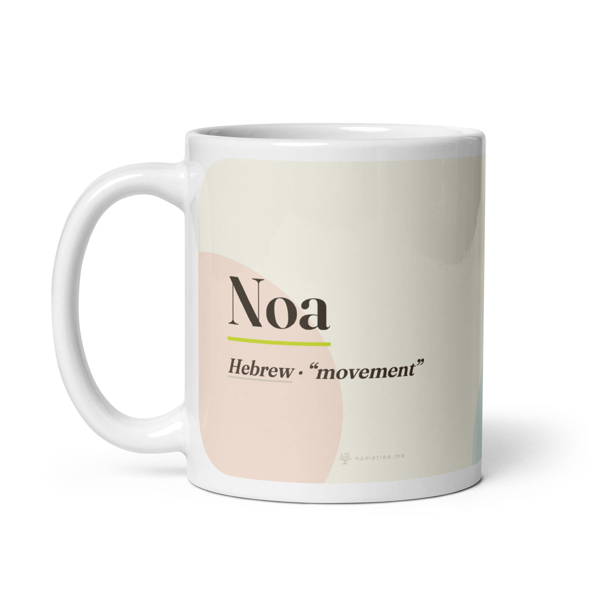 Noa name mug · Hebrew, “movement”, white, handle on left