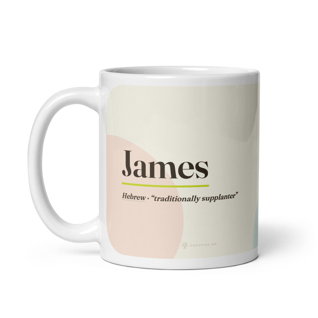 James name mug · Hebrew, “traditionally supplanter”, white, handle on left