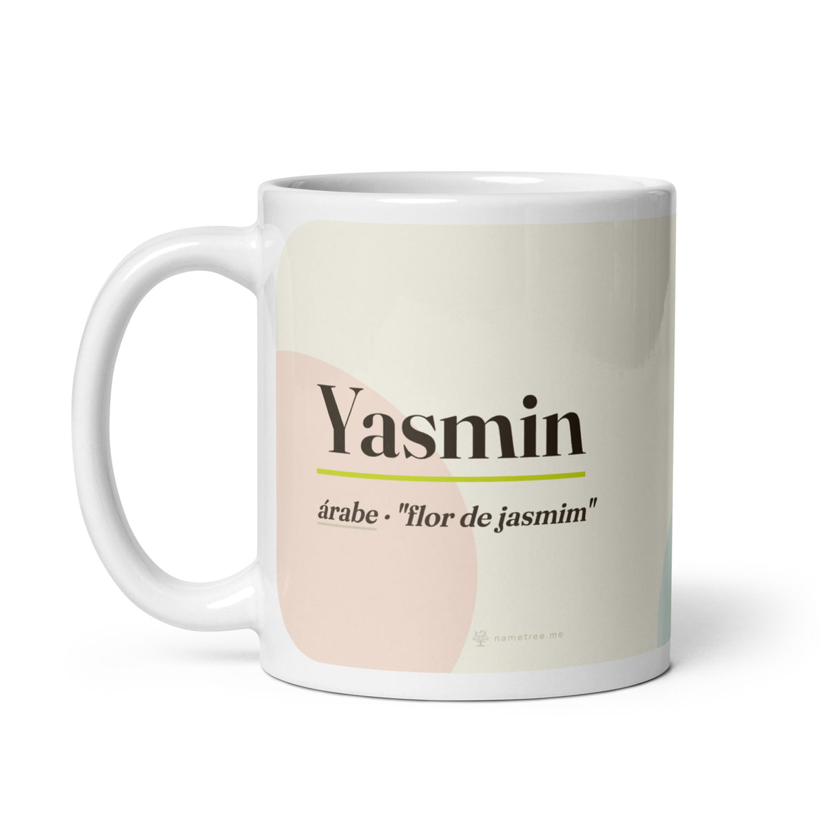 Caneca com o nome Yasmin · árabe, "flor de jasmim", branco, alça à esquerda