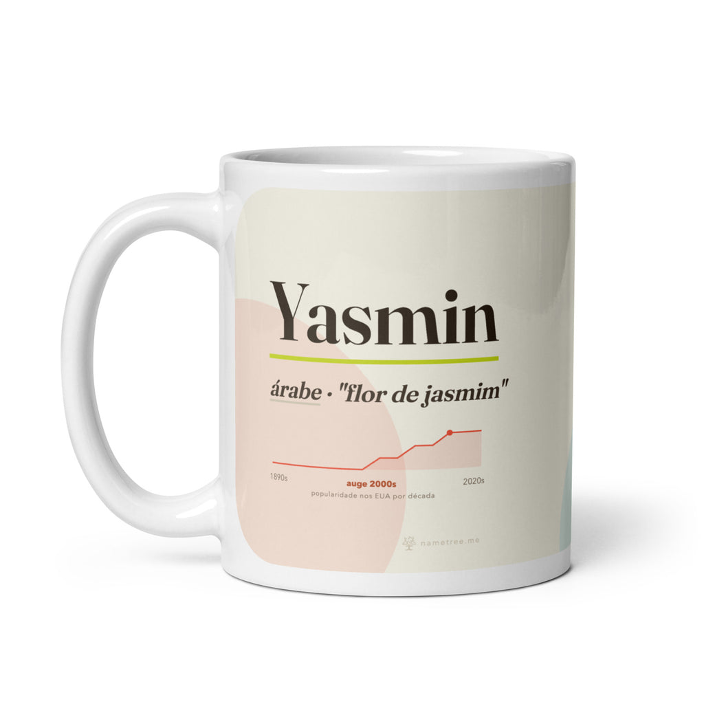 Caneca Yasmin com sua curva de popularidade · árabe, "flor de jasmim", branco, alça à esquerda