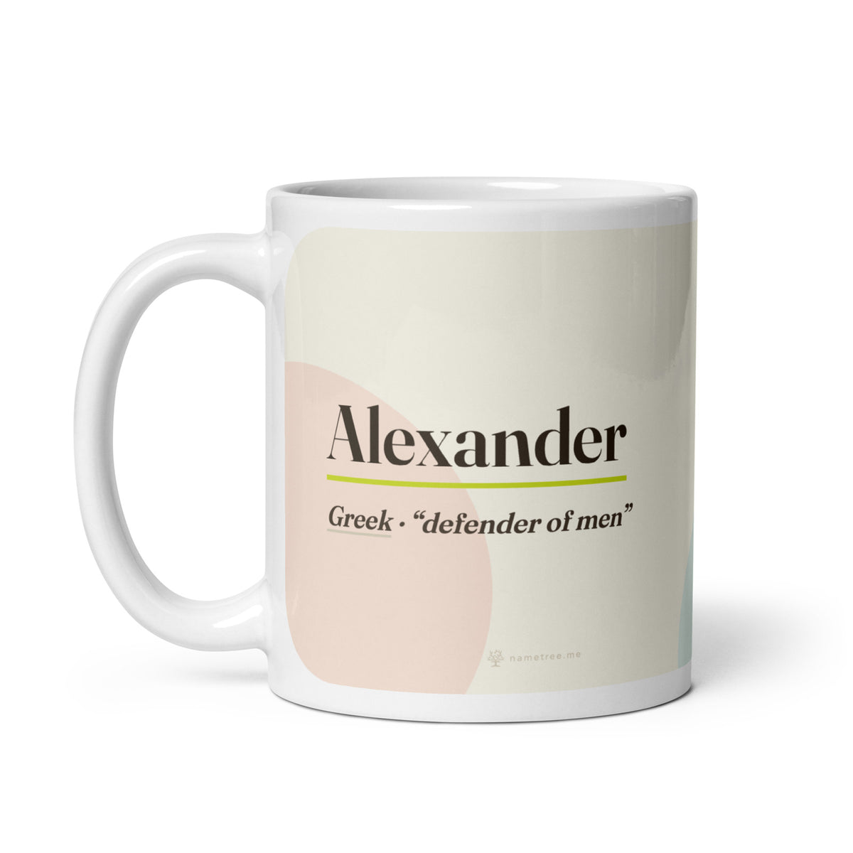 Alexander name mug · Greek, “defender of men”, white, handle on left