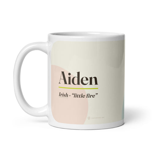 Aiden name mug · Irish, “little fire”, white, handle on left
