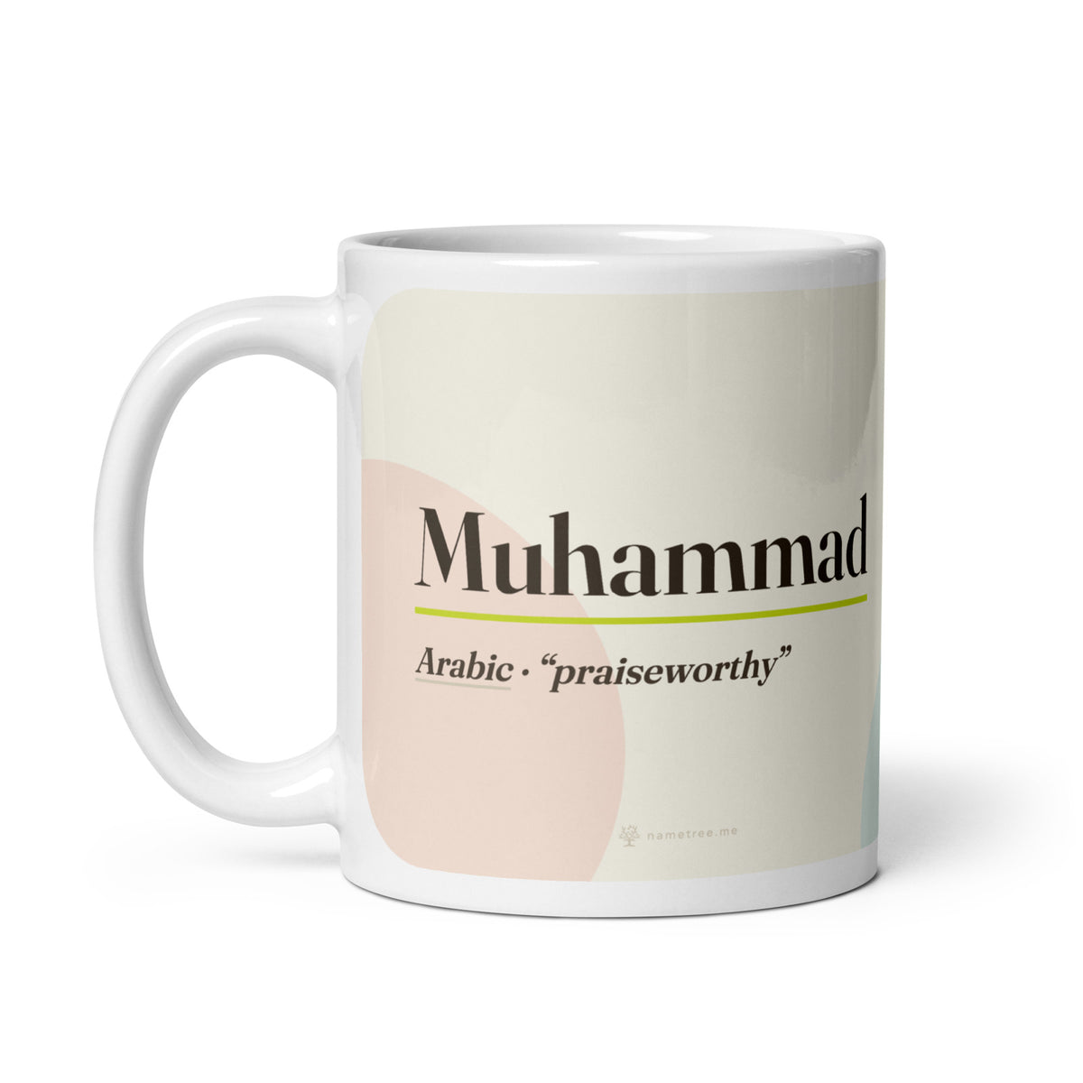 Muhammad name mug · Arabic, “praiseworthy”, white, handle on left