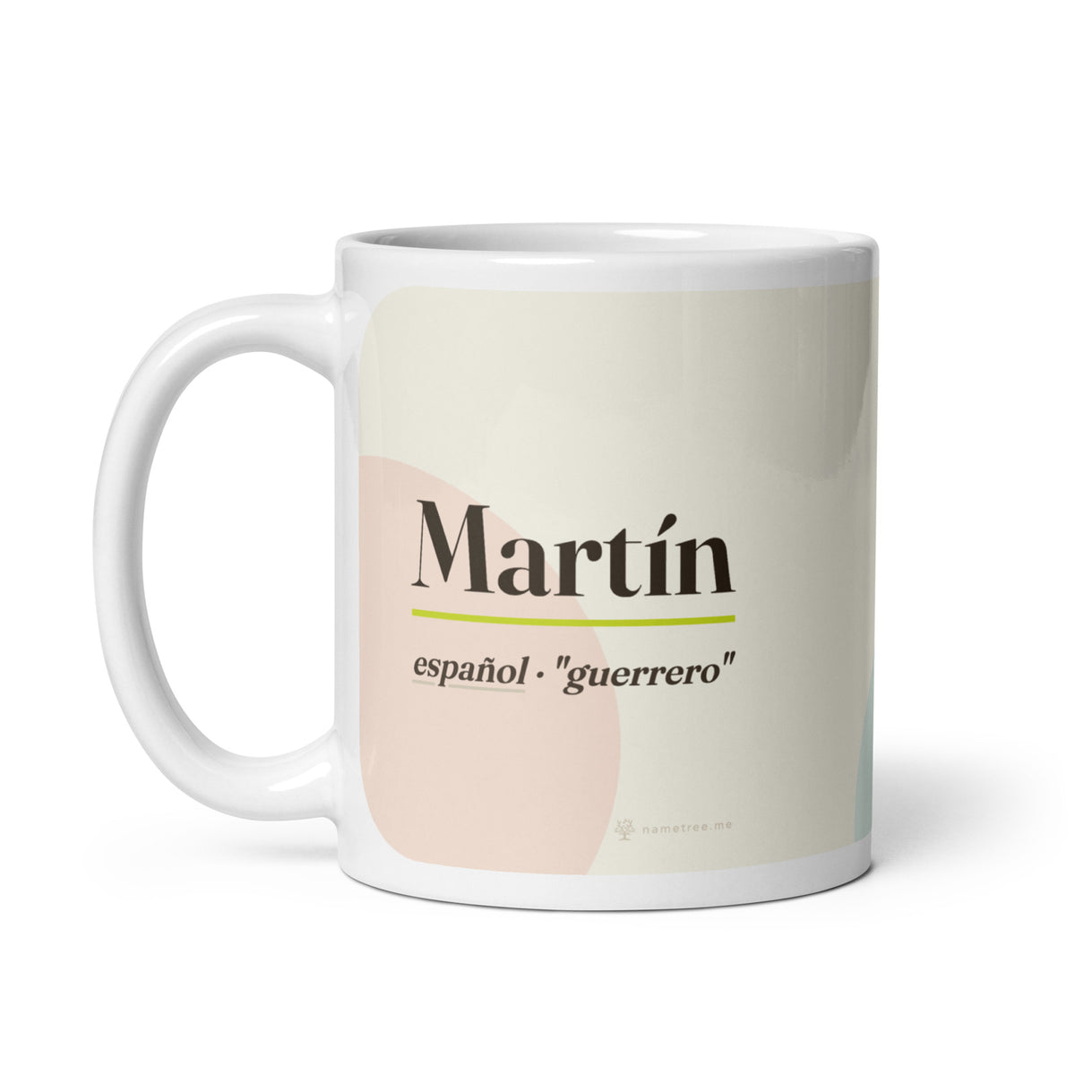 Taza con el nombre Martín · español, "guerrero", blanco, asa a la izquierda
