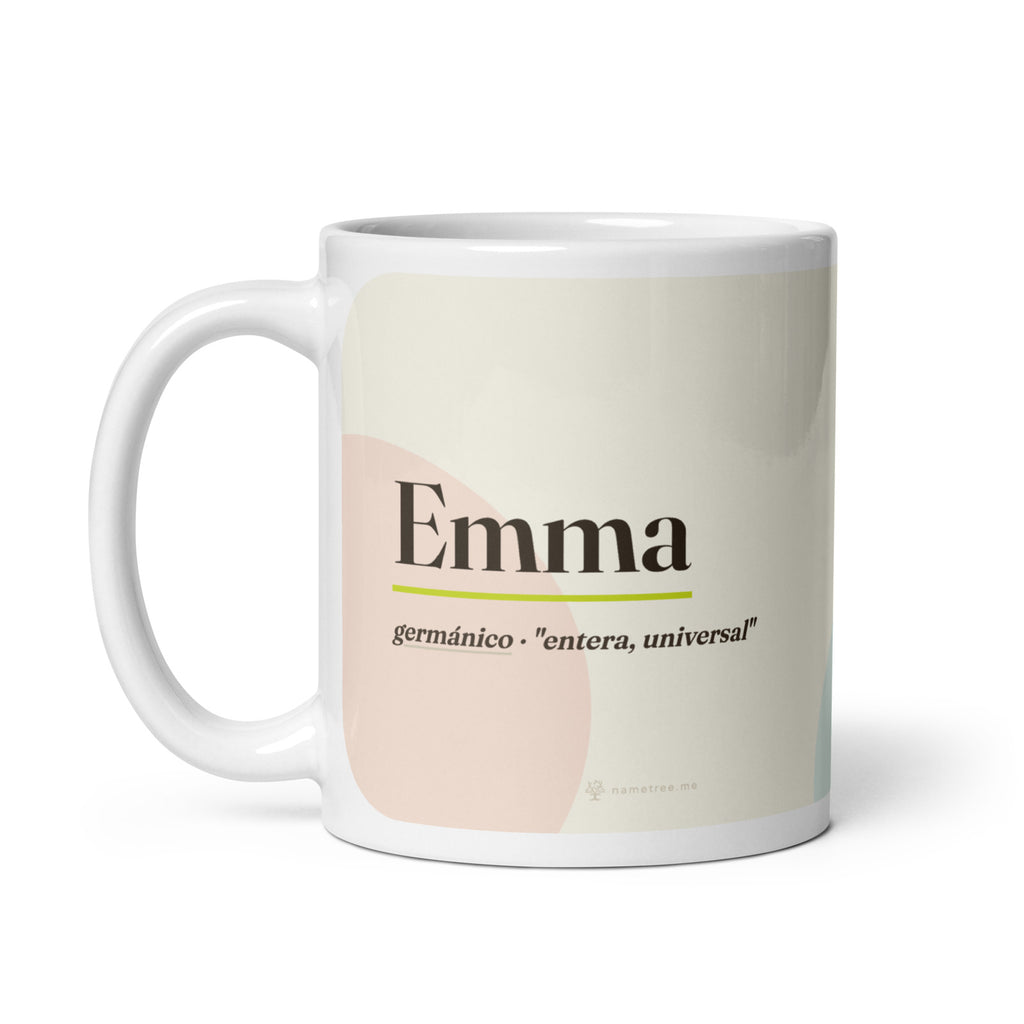 Taza con el nombre Emma · germánico, "entera, universal", blanco, asa a la izquierda