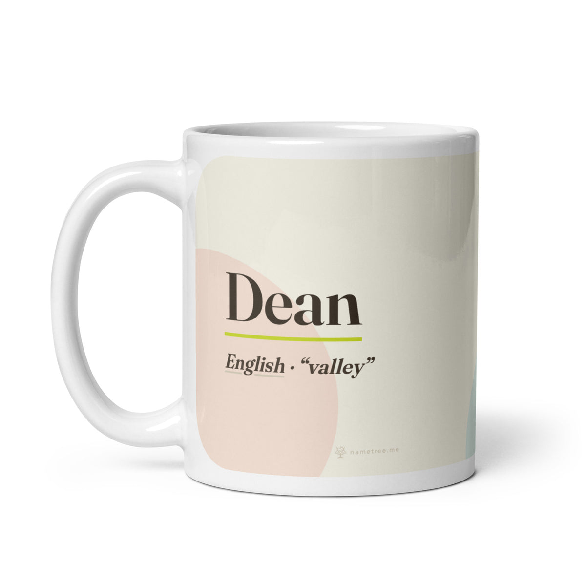 Dean name mug · English, “valley”, white, handle on left