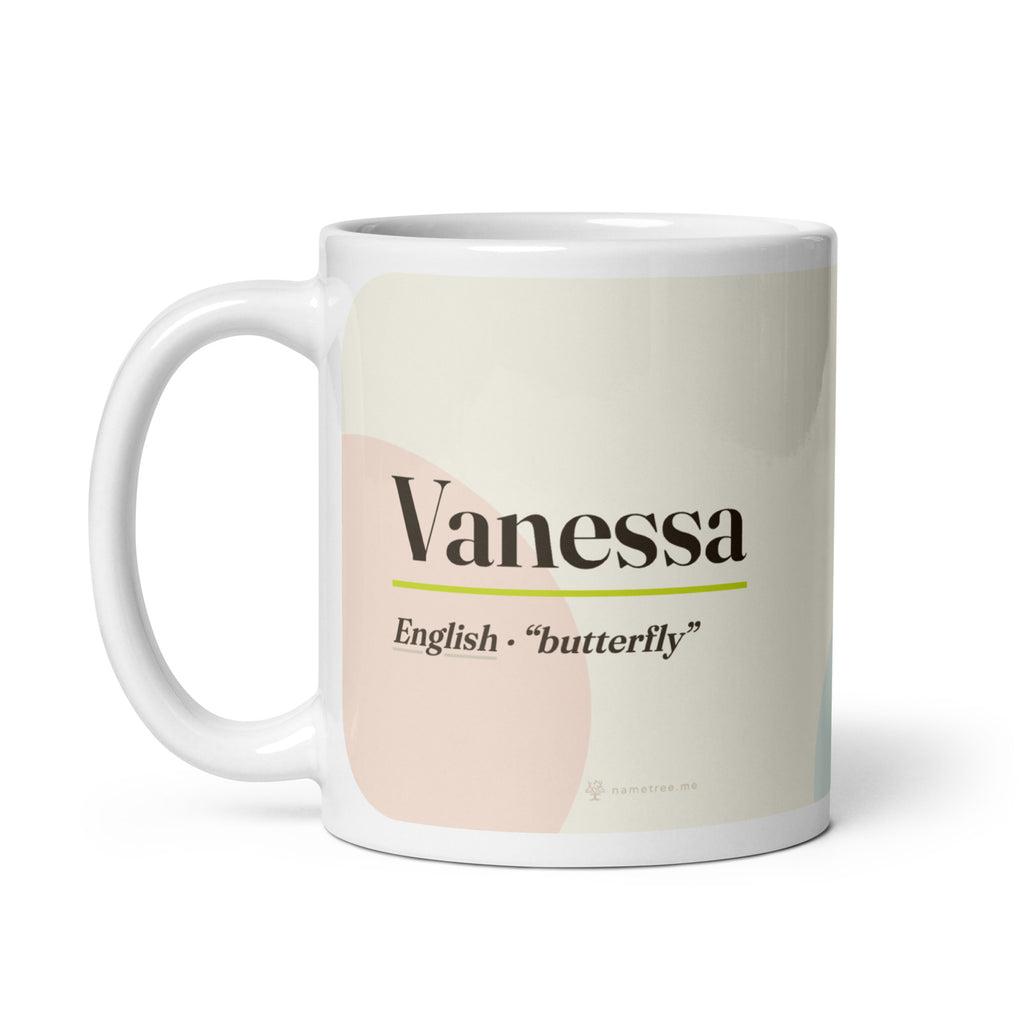 Vanessa name mug · English, “butterfly”, white, handle on left