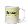 Michael name mug with its popularity curve · Hebrew, “who is like God”, white, default