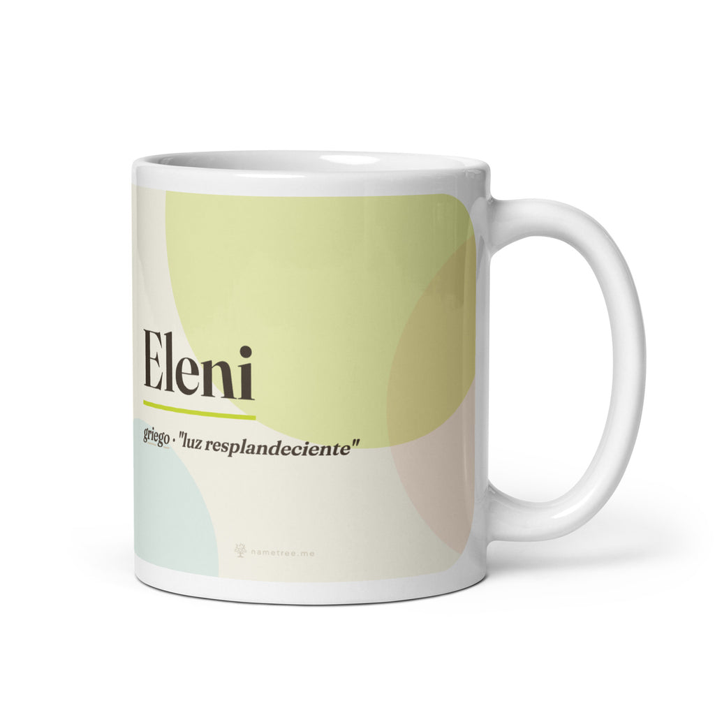 Taza con el nombre Eleni · griego, "luz resplandeciente", blanco, vista principal