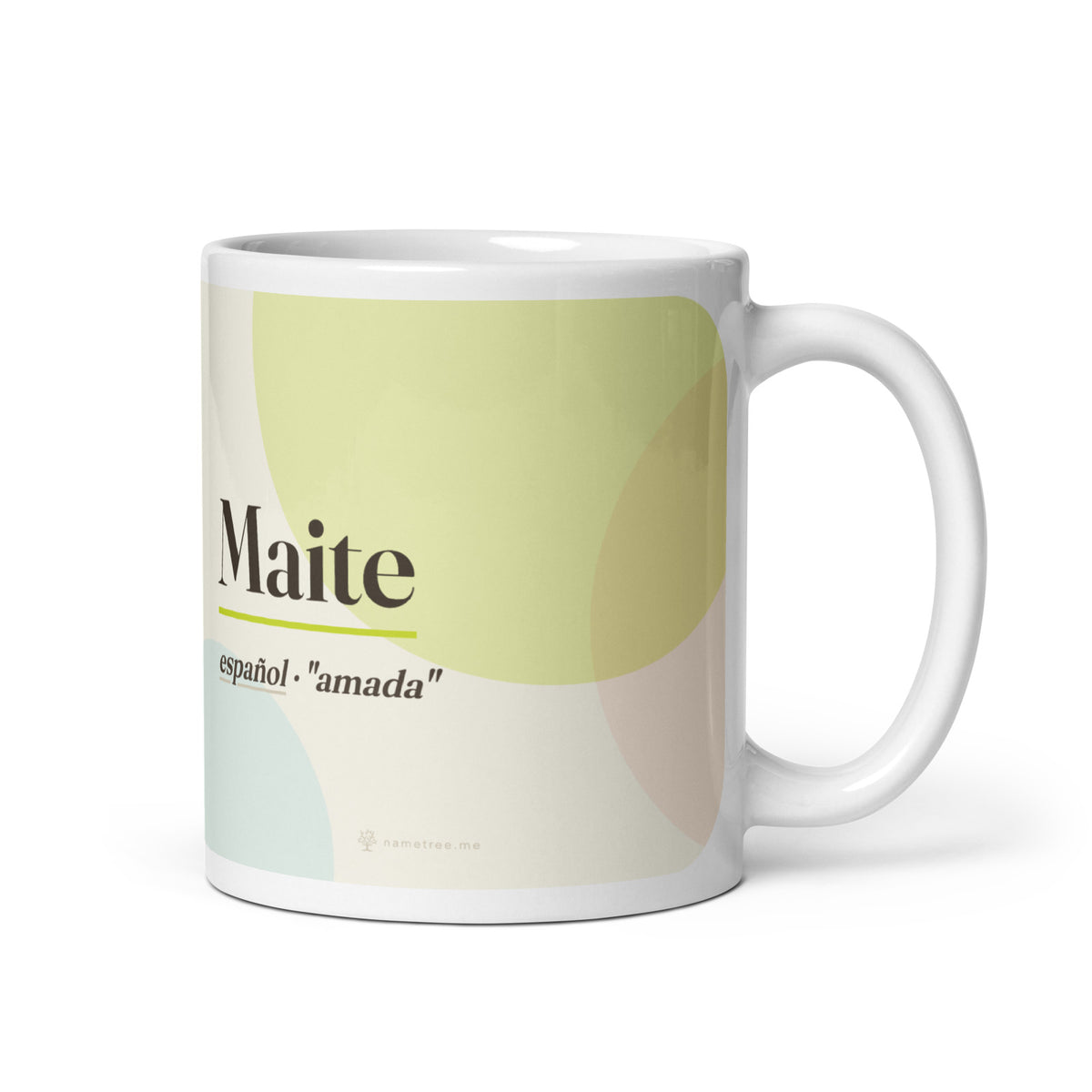 Taza con el nombre Maite · español, "amada", blanco, vista principal