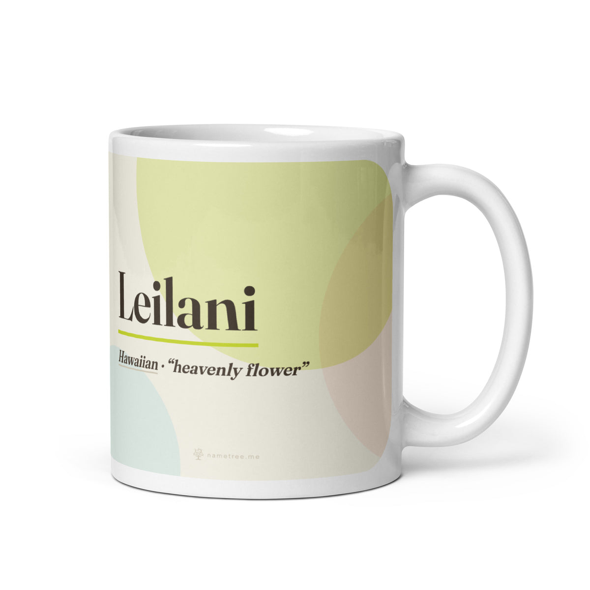 Leilani name mug · Hawaiian, “heavenly flower”, white, default