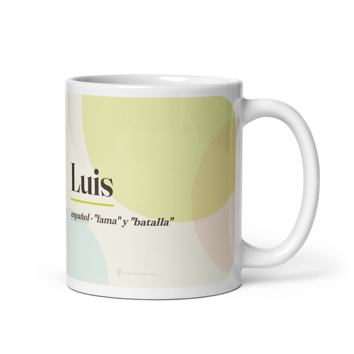 Taza con el nombre Luis · español, "fama y batalla", blanco, vista principal