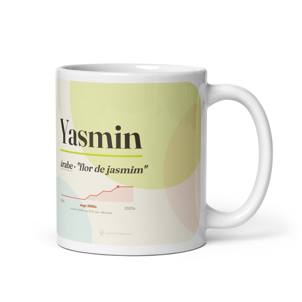 Caneca Yasmin com sua curva de popularidade · árabe, "flor de jasmim", branco, vista principal
