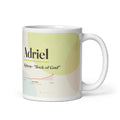 Adriel name mug with its popularity curve · Hebrew, “flock of God”, white, default