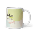 Aiden name mug with its popularity curve · Irish, “little fire”, white, default