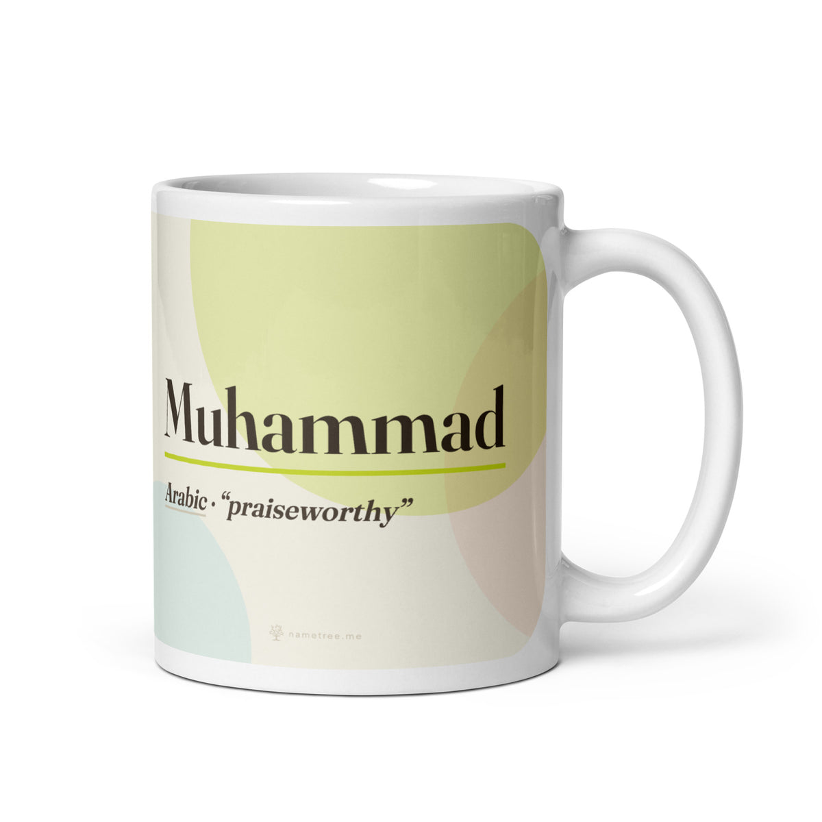 Muhammad name mug · Arabic, “praiseworthy”, white, default