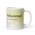 Muhammad name mug with its popularity curve · Arabic, “praiseworthy”, white, default