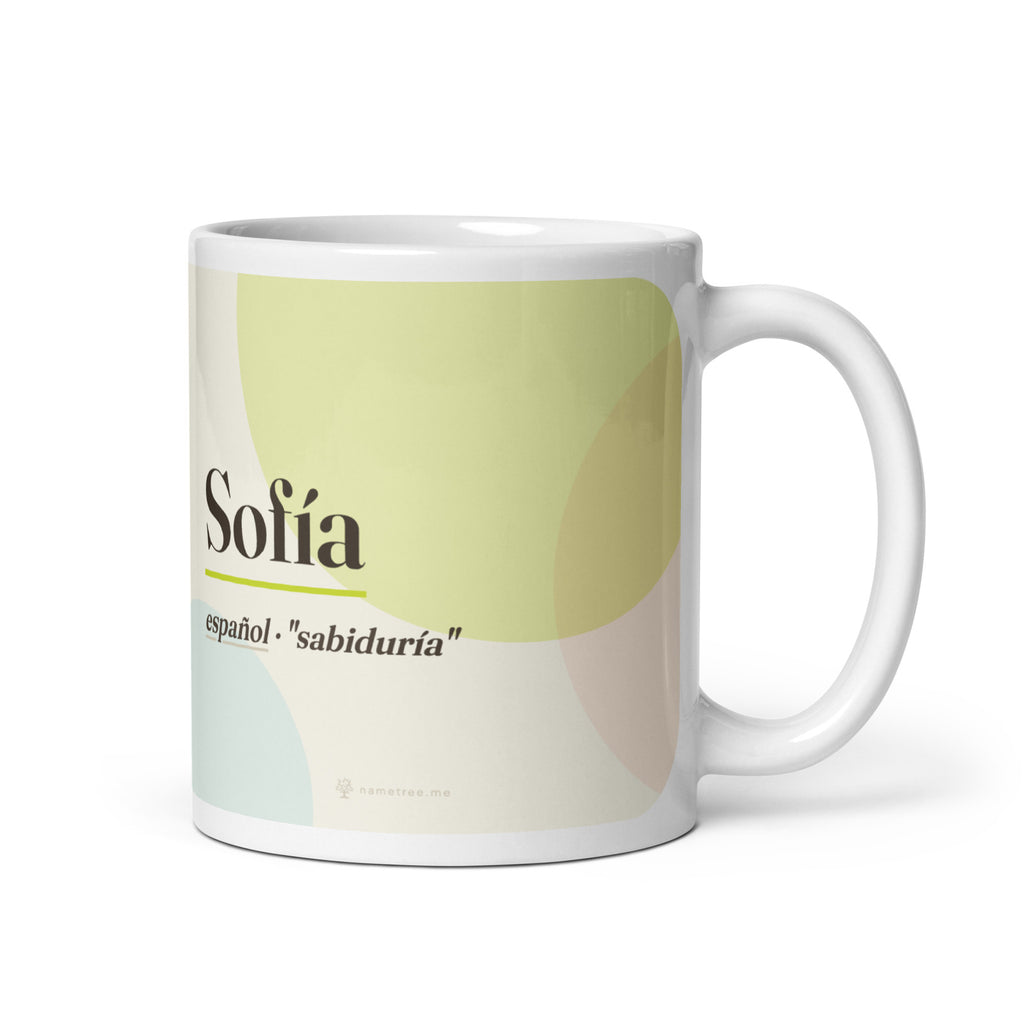 Taza con el nombre Sofía · español, "sabiduría", blanco, vista principal
