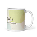 Taza con el nombre Sofía · español, "sabiduría", blanco, vista principal