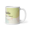 Taza Sofía con su curva de popularidad · español, "sabiduría", blanco, vista principal