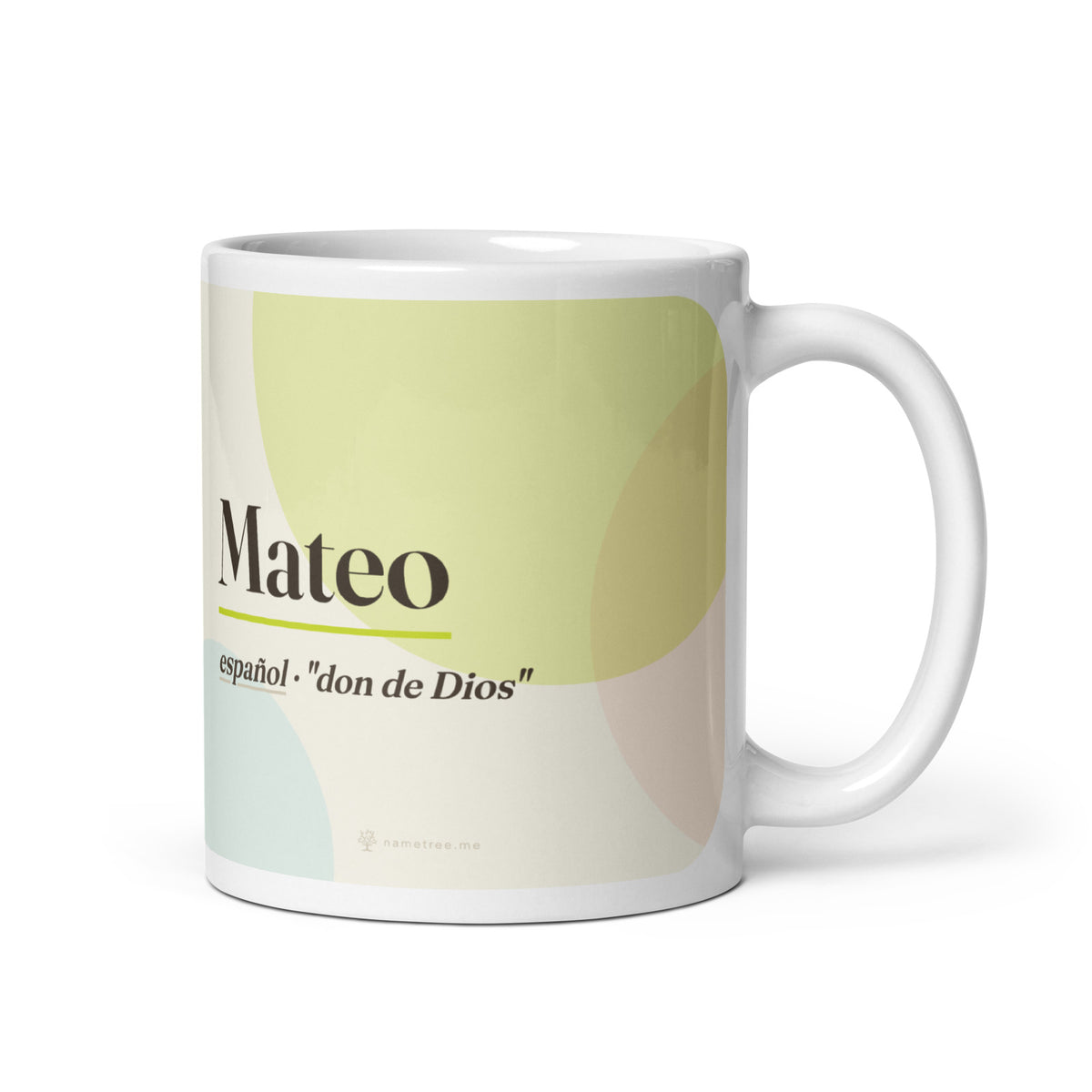 Taza con el nombre Mateo · español, "don de Dios", blanco, vista principal