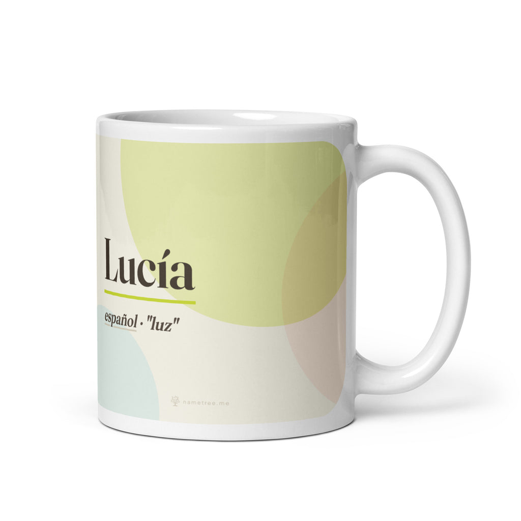 Taza con el nombre Lucía · español, "luz", blanco, vista principal