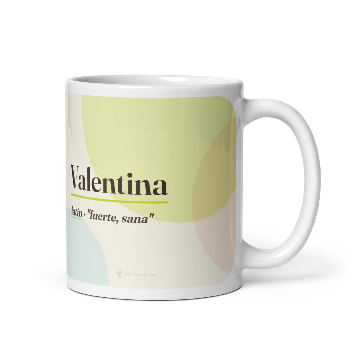 Taza con el nombre Valentina · latín, "fuerte, sana", blanco, vista principal