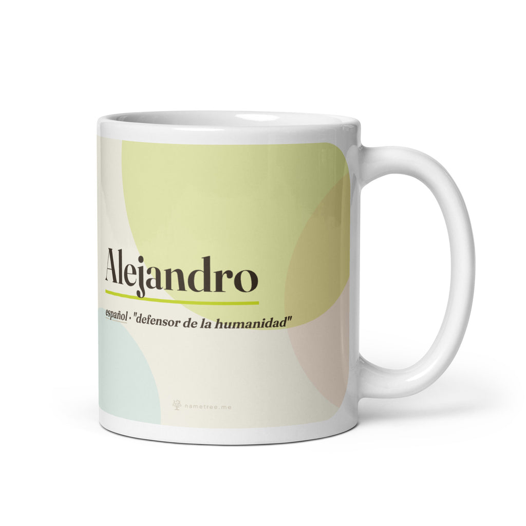 Taza con el nombre Alejandro · español, "defensor de la humanidad", blanco, vista principal
