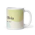 Taza con el nombre Olivia · latín, "olivo", blanco, vista principal