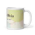 Taza Olivia con su curva de popularidad · latín, "olivo", blanco, vista principal