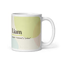 Taza con el nombre Liam · irlandés, "voluntad y yelmo", blanco, vista principal