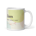 Taza Liam con su curva de popularidad · irlandés, "voluntad y yelmo", blanco, vista principal